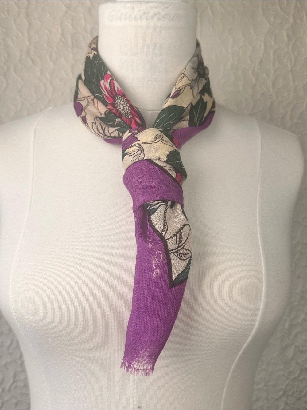 Silk Floral Purple Scarf - Designer Signed